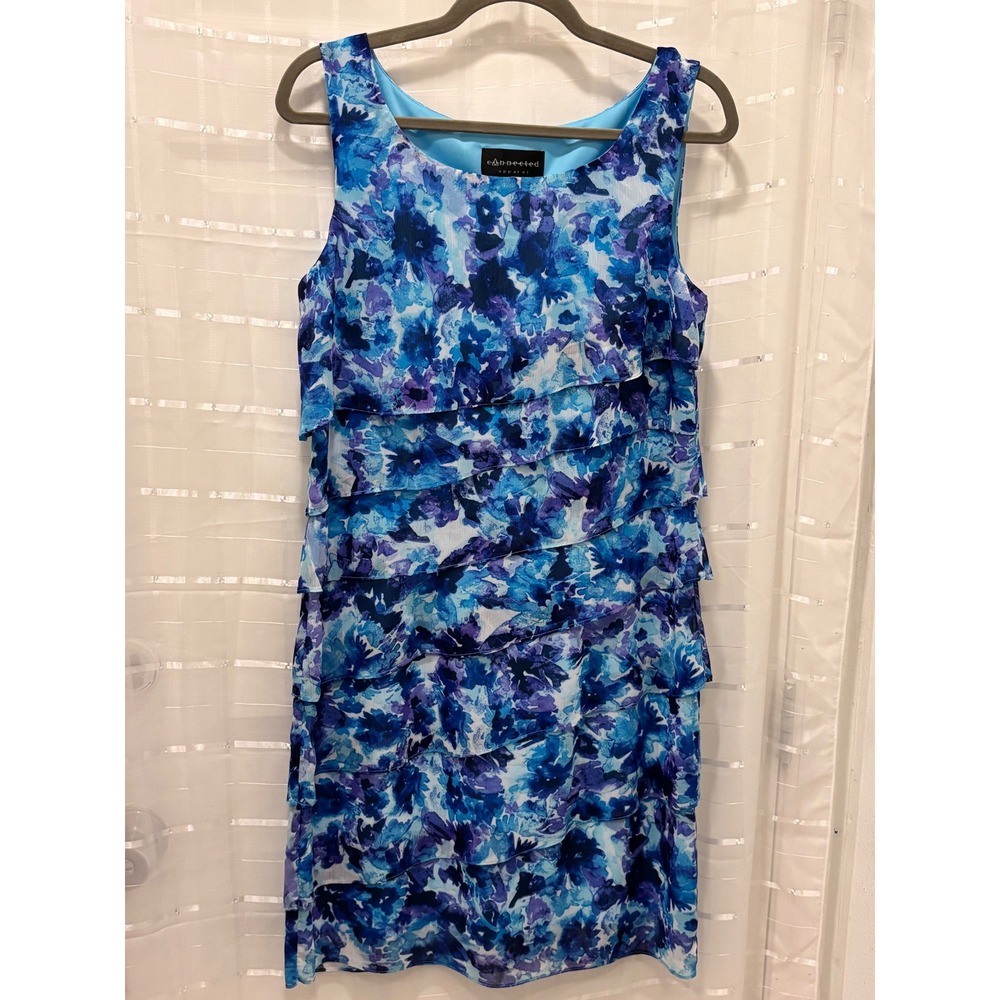 Connected Apparel Blue Floral Tiered Ruffle Sheath Dress Size 10 TCK43914M